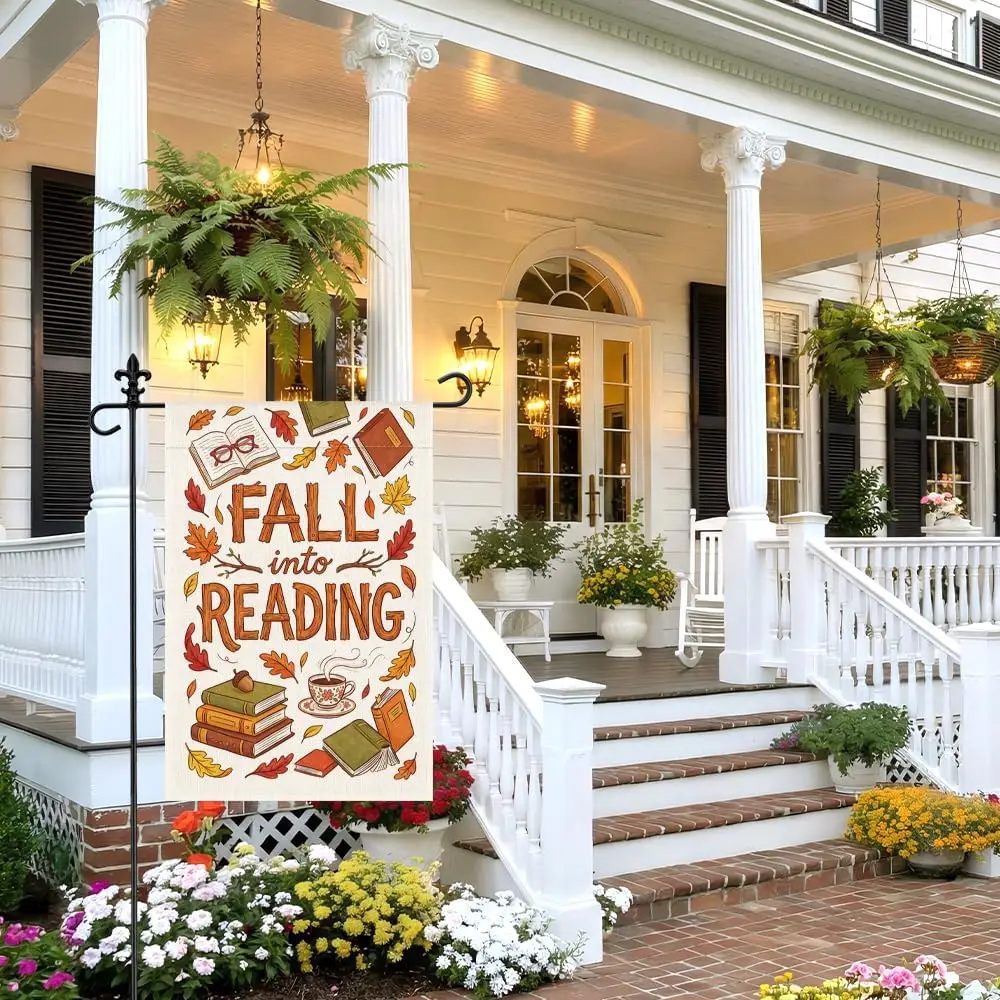 Fall Into Reading Garden Flag 12x18 Inch Double Sided, Autumn Books Coffee Leaves Yard Flag, Cozy Fall Outdoor Porch Lawn Ba yyi