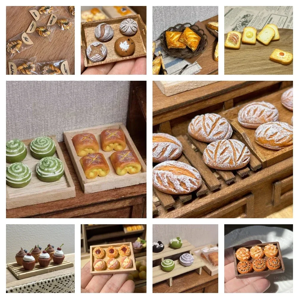 Miniatur handgemachte Ton Brot ganze Weizen geschnitten Blume Brötchen Puff Gebäck Zimt Rolle Ob Puppenhaus Bäckerei Dekoration Schießen Requisiten