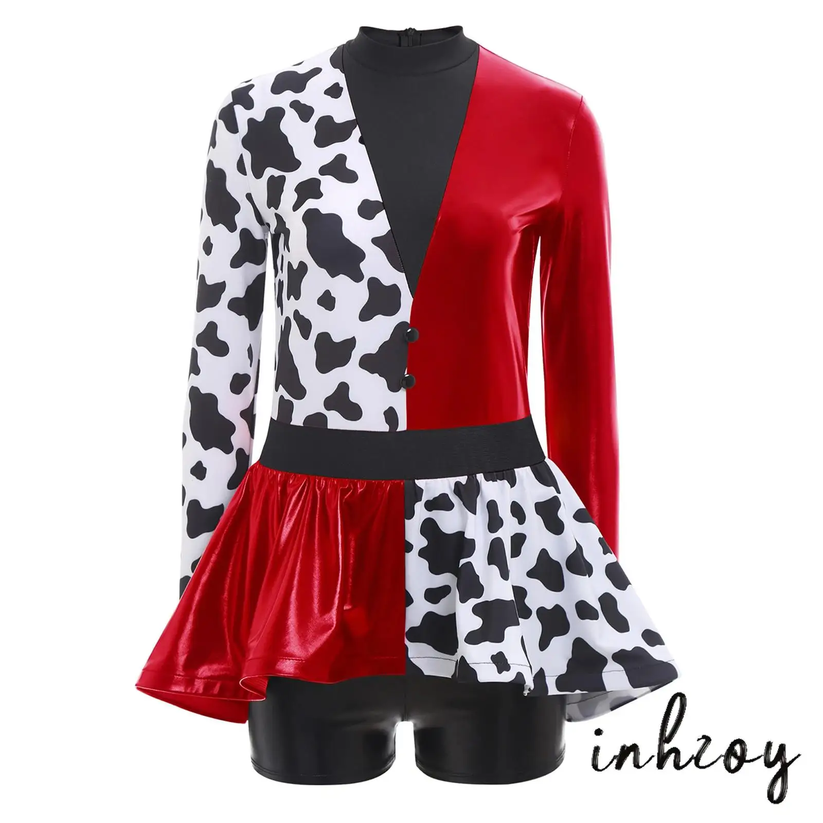 

Sexy Killer Clown Cosplay Costume for Women Metallic Shiny Long Sleeve Dress with Patchwork Culottes & Flared Hem for Halloween