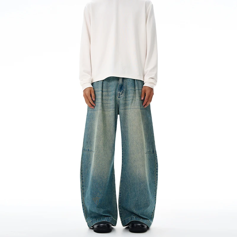 Spring New Simple Men Denim Pants Pleated Design All-match Curved Knife Trousers Wide Leg Solid Color Male Bottom Cleanfit