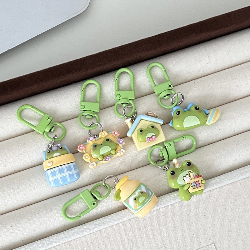 24styles Mini Cute Cartoon Frog Key Chain Cute House Vase Photo Frame Frog Pendant Car Key Ring Backpack Charms Bag Decor Access