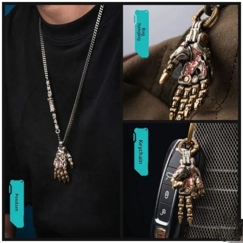 Taoism Mechanical Hand Pendant Movable Keychain Pendant Damping Structure Retro Bag Punk Men's Lucky Necklace Charms Fun Jewelry