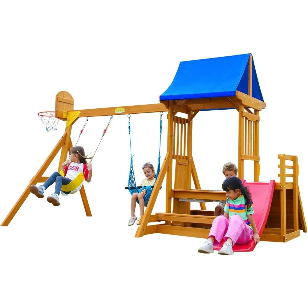 

Wooden Playground Sets for backyards with a Wave Slide, Rock Climbing Wall, 2 Swings, and More,6-in-1 Outdoor Playset