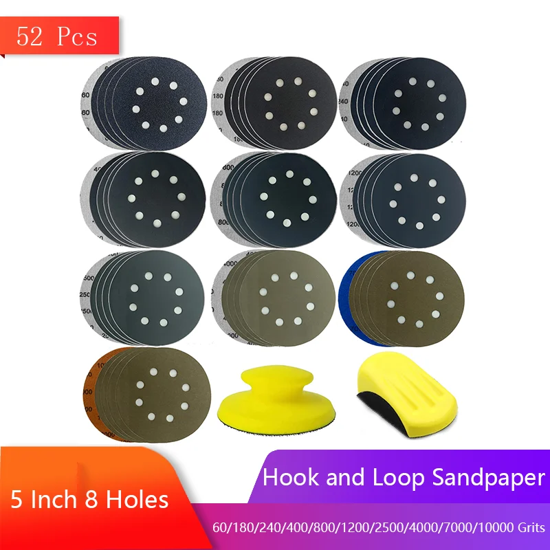 5 inch 8 Hole Hook and Loop Sanding Discs with Hand Sander for Polishing Wood Stone Lacquer Surface Mirror Surface Treatment