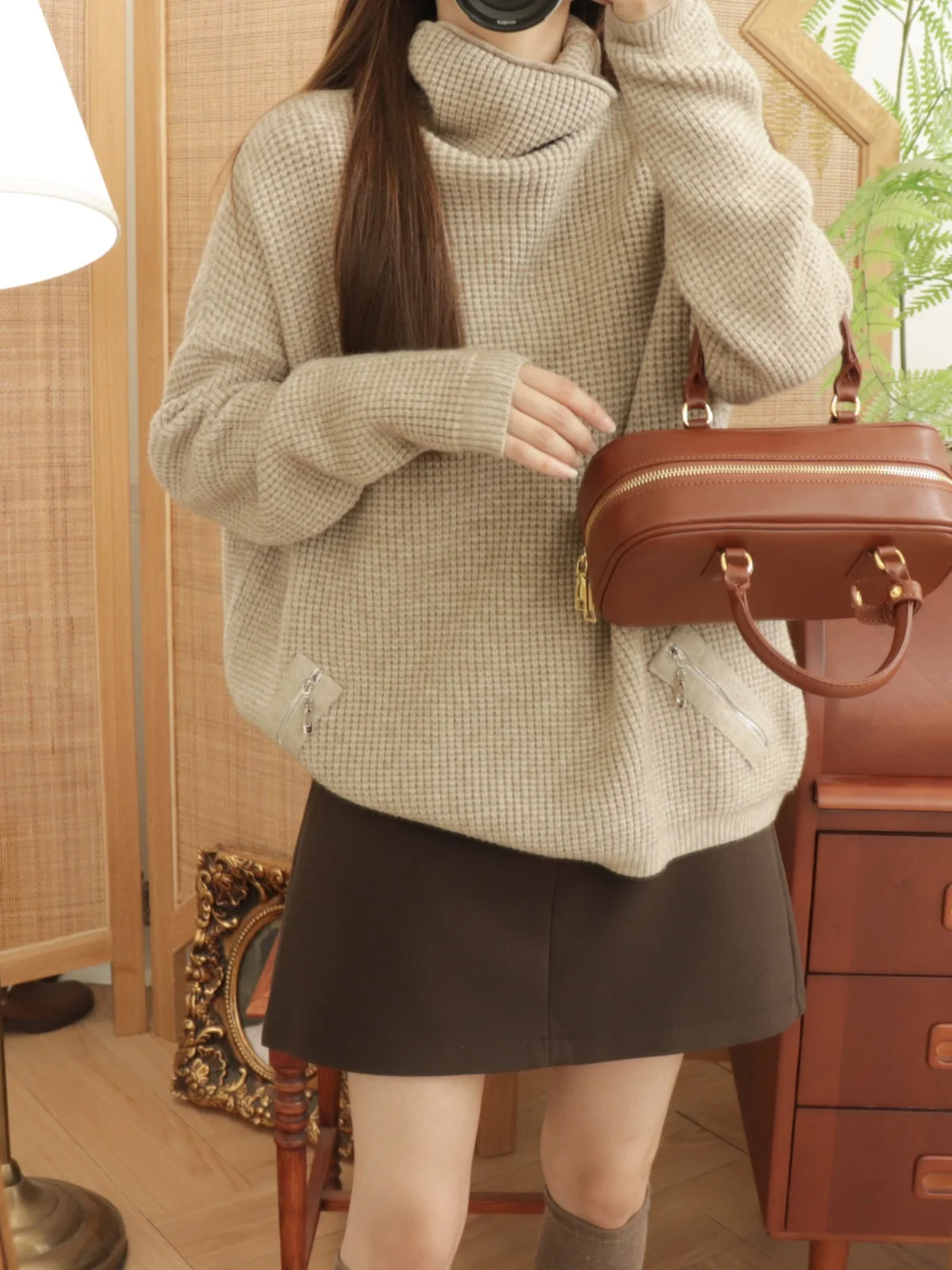 

Loose Casual High Collar Women's Sweater Autumn Winter Street Sle Design False ket Wfle Texture Oversize Hoodie