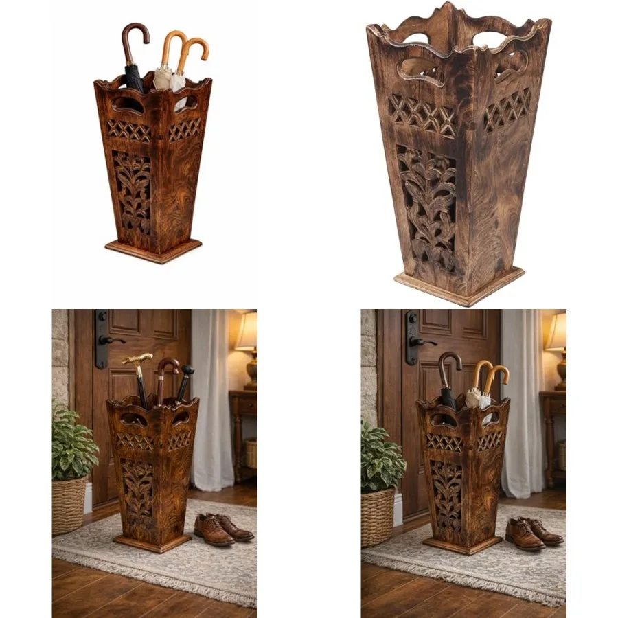 

Antique Wooden Umbrella Stand and Walking Cane Holder for Home, Office and Entryway Hand-Carved Solid Wood Umbrella and Cane St