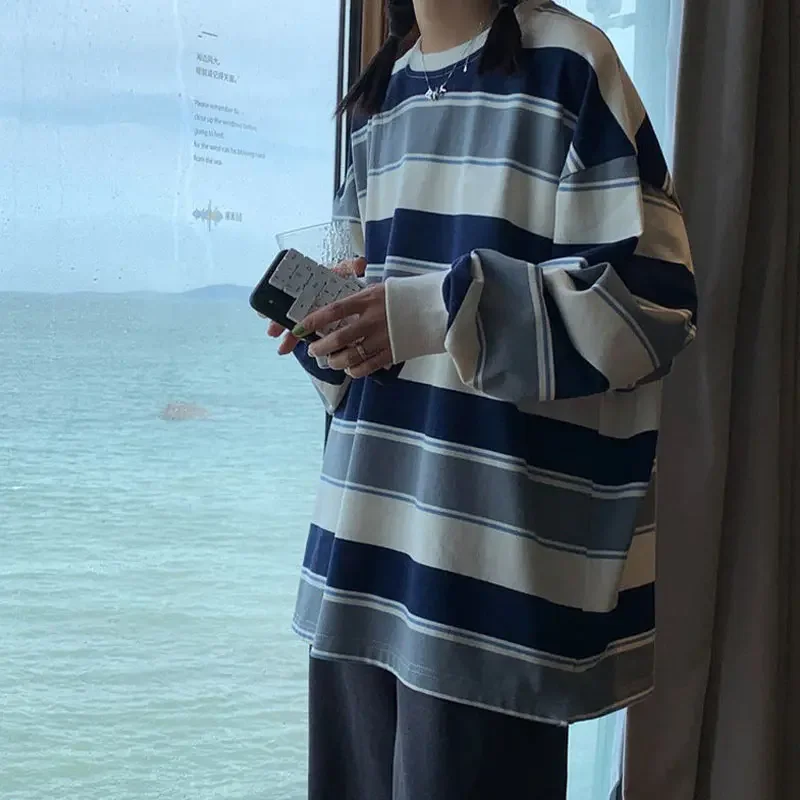 Damen T-Shirts Frauenkleidung Y2k Sweatshirt 2026 Vier Jahreszeiten Mode Langarm-Shirt Locker Sitzendes Paar-Grafik-Streifen-T-Shirt Oberteil – Detail 9