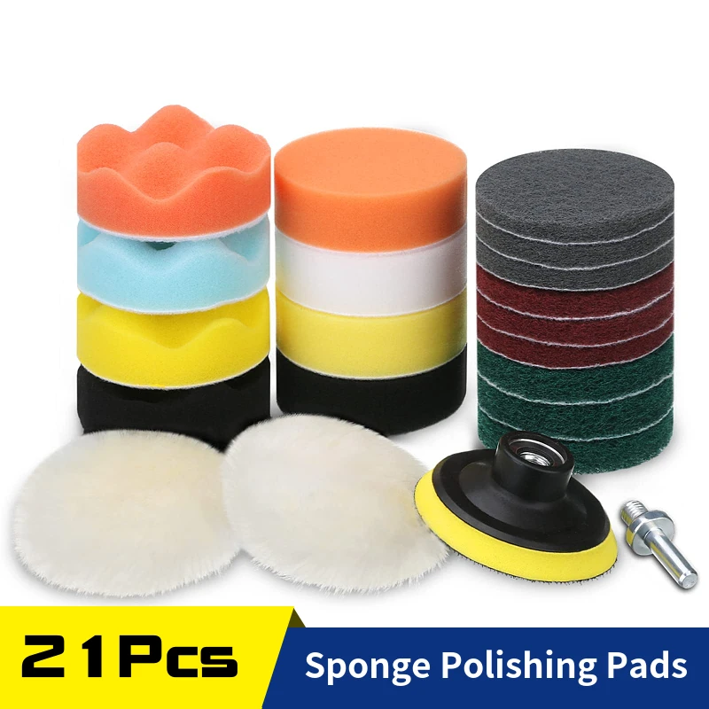 

21Pcs Kit Scouring Pads Wool Buffing Pad 3 Inch, Car Foam Sponge Drill Polishing Pad Backer for Sanding Glazing Polishing Waxing