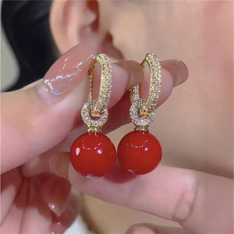 Elegant Woman Red Earrings Mimicking Pearl Earrings With Retro Flair Party Wedding Jewelry Birthday Gifts