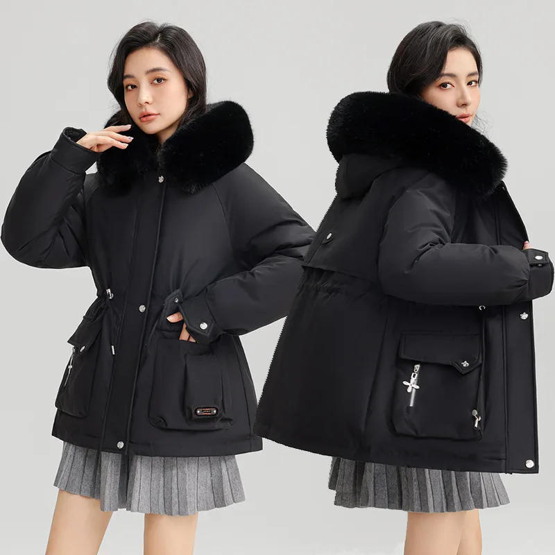 Parkas Women Mid Length Coats Hooded Fur Collar Jackets Drawstring Tight Waist Thick Y2k Streetwear Elegant Autumn Winter 2025