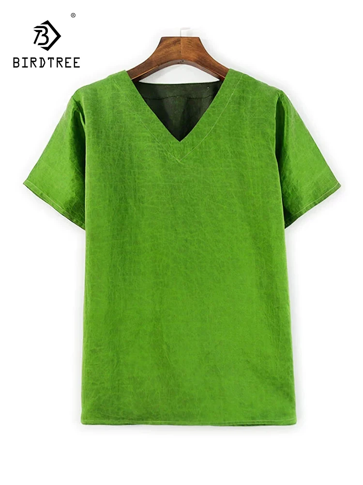 

BirdTree-Silk Watered Gauze Elegant T-Shirt, V Neck Short Sleeve Craquelure, Women Retro Commute Loose Top, 2025 Autumn T59230CC