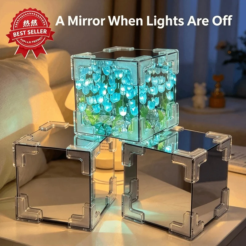 Handmade Tulip Mirror Cube Lamp Romantic Simulation Flower Night Light Desktop Table Lamp for Bedroom Decoration