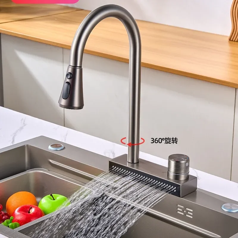 for Kitchen Faucet Stainless Steel Pull Out Flying Rain Waterfall Single Hole Dish Sink Hot and Cold Rotation Vegetable Basin