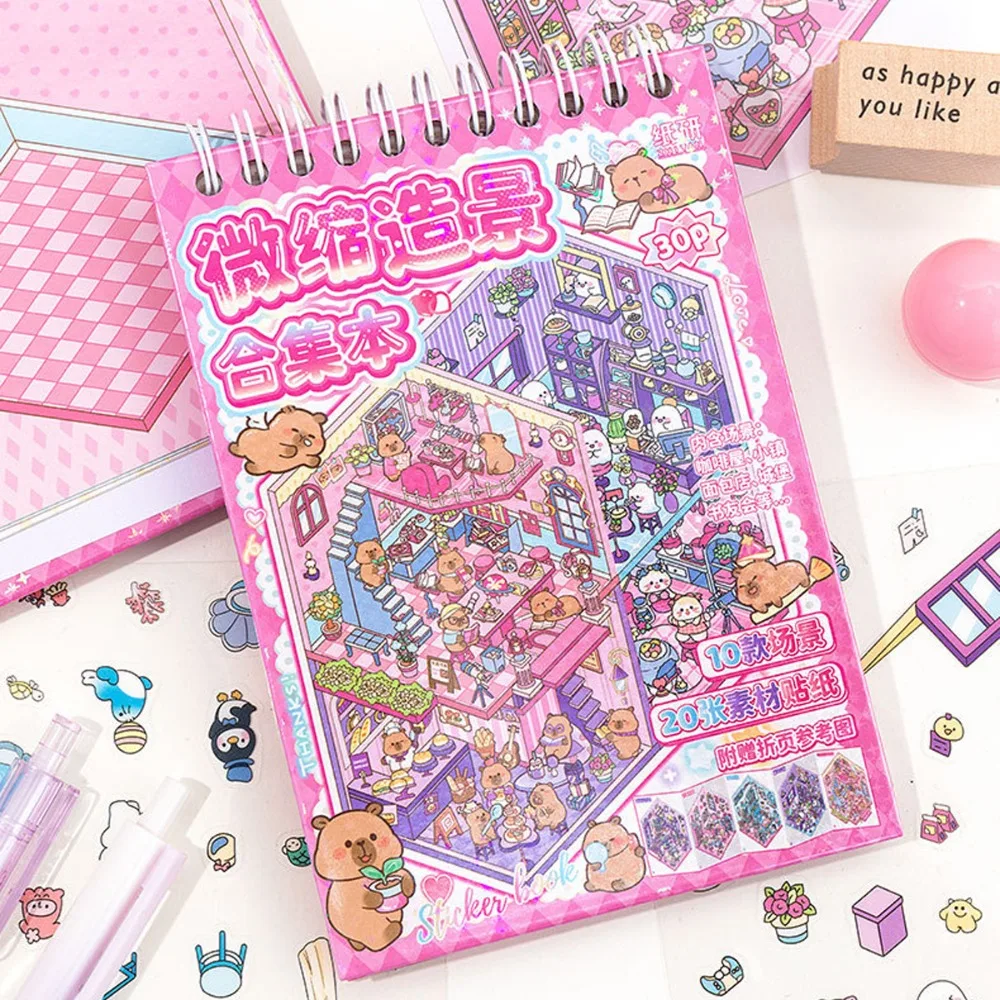 10Sences in 1Book 2.5D Landscape Sticker Cartoon Cabin Scene DIY Sticker Stacking Pasting Festival Birthday Gift