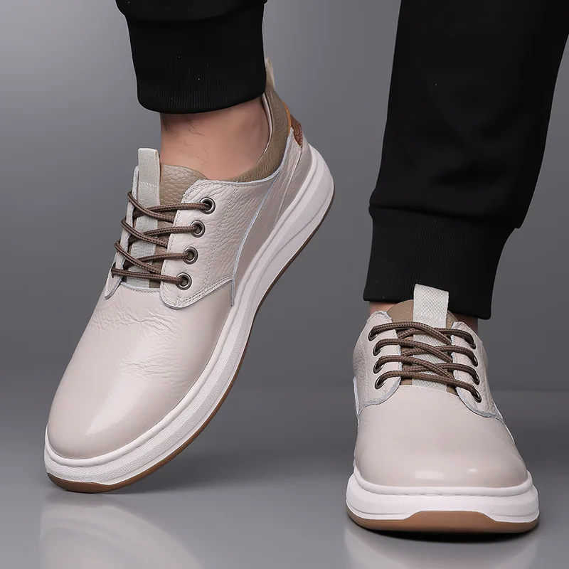 

New Men Genuine Leather Casual Shoes Concise Designer Flat Skate Shoes Cool Lace-up Sneaker