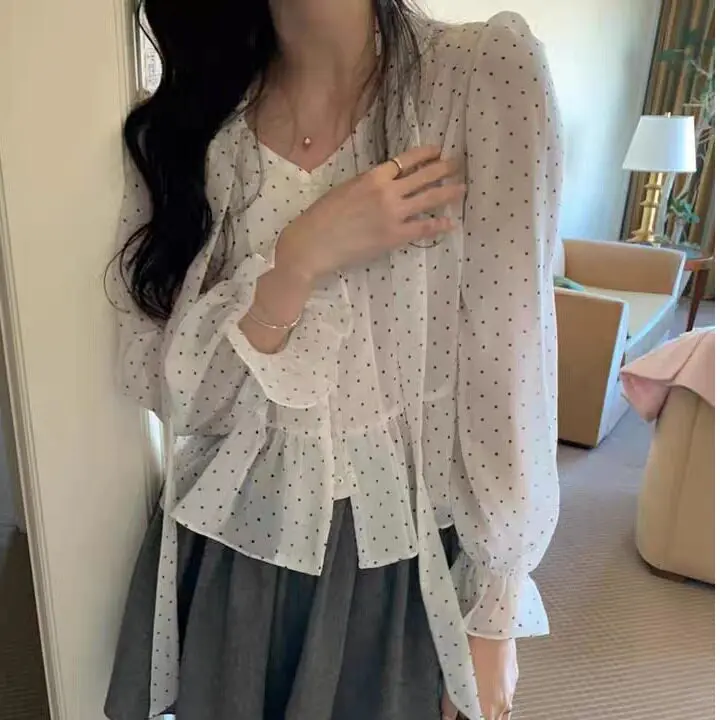 

East Gate Vintage Polka Dot Long Sve irt Women's Faion Tie Ne Inner Wear Layered irt Girl's Loose Fit Casual irt