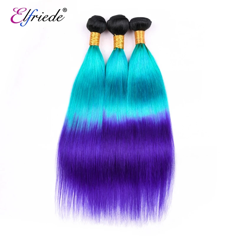 Elfriade-extensiones de cabello humano liso, mechones de cabello humano de color ombré 1B/azul claro/Azul, 3/4 mechones, Ofertas