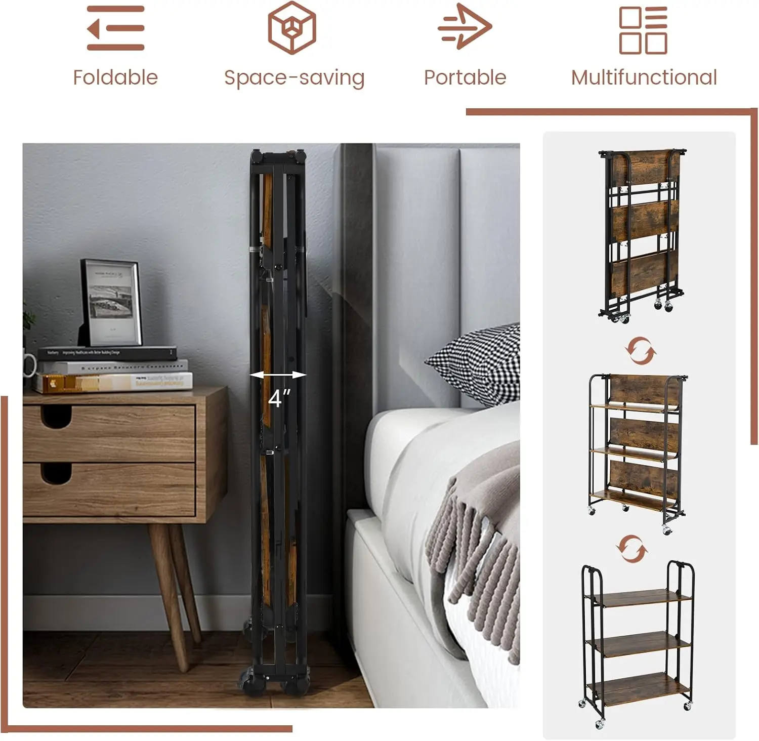 Giantex Foldable Storage Shelves With Wheels, No Assembly 3-Tier Rolling Cart, 2 Of The Wheels Have Locks, Microwave Utility