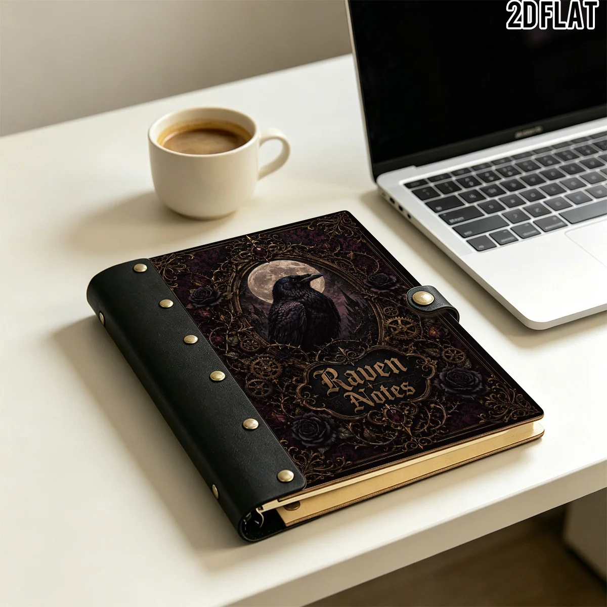 1PC 2DFlat Wooden Notebook, Hardcover Dark Gothic Full Moon Raven Black Rose Gear Castle Raven Notes Print, 100 Pages With Leath