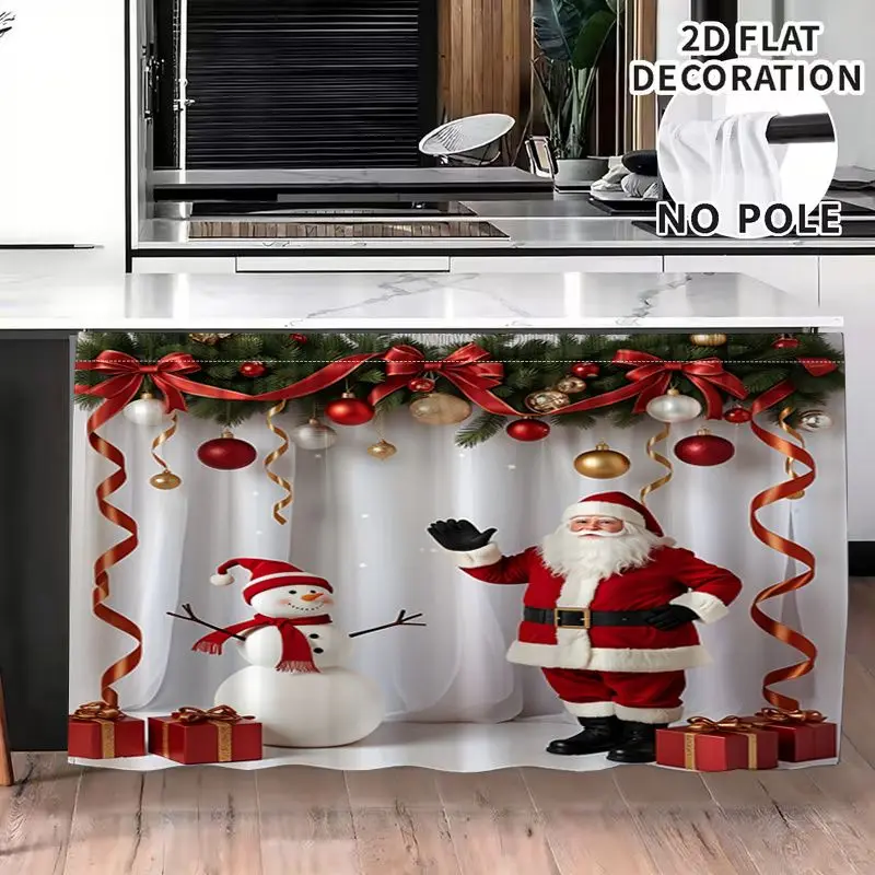 VIKAMA Christmas Shelf Curtain White Santa Snowman Gift Bauble Print Cabinet Cover For Kitchen Cupboard Under Sink Decor