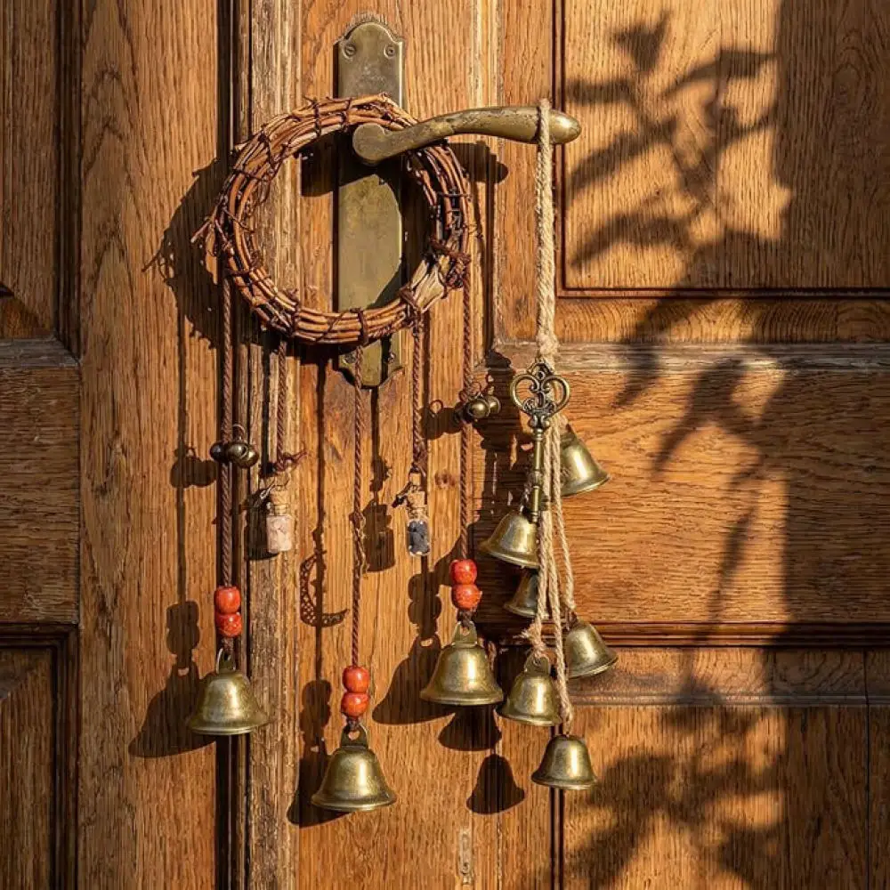 Rustic Handmade Bell Wind Chime Rattan Wreath Hanging Decor Vintage Style Ornament For Home Doorway Window Gift