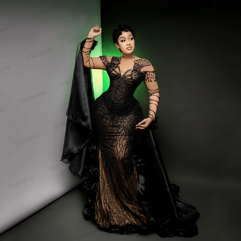 

Черные платья для выпускного вечера Aso Ebi, элегантные вечерние платья с длинными рукавами и круглым вырезом, кристаллами, африканская русалка, платья de fiesta по индивидуальному заказу