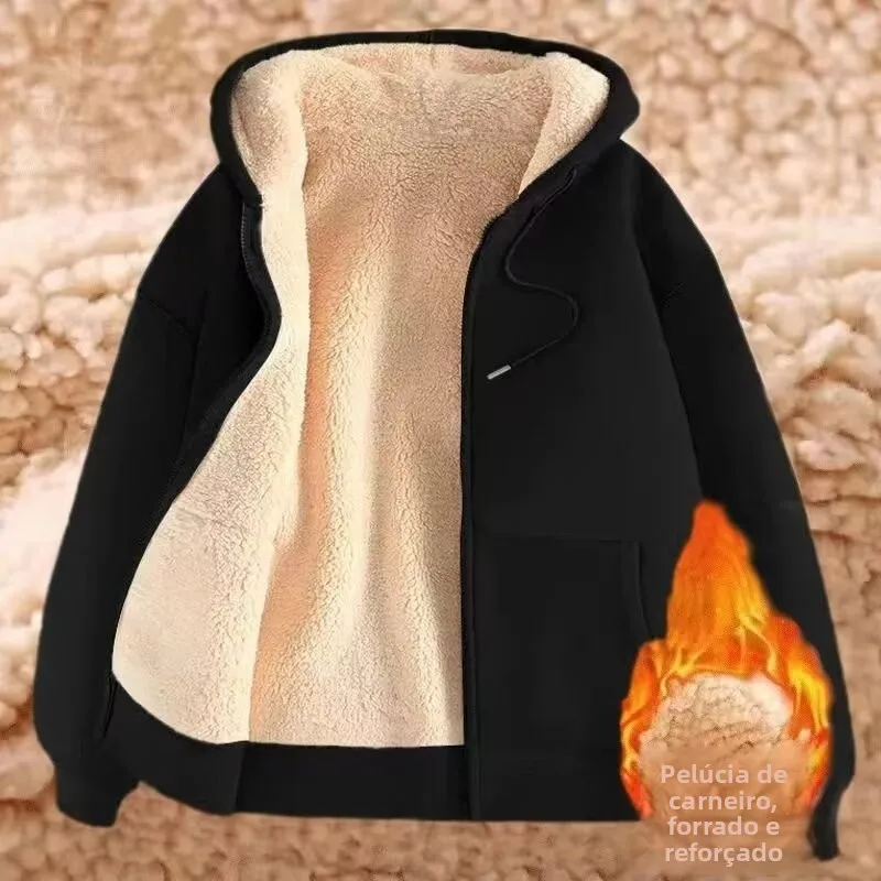 Cardigã Feminino de Inverno com Capuz em Veludo de Cordeiro Grosso, Esportivo, Casual e Versátil, com Design de Bolso com Zíper