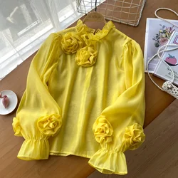 2024 Ruffles Flower Loose Women Shirt Elegant O Neck Long Sleeve Transparent Thin Ladies Mesh Casual Fashion Chic Blouse