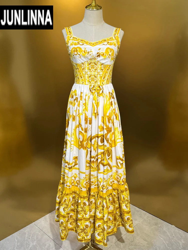 

JUNLINNA Women 100% Cotton Dress Summer Fashion Spaghetti Strap Yellow Porcelain Printing Expansion Vestidos High Street Lady