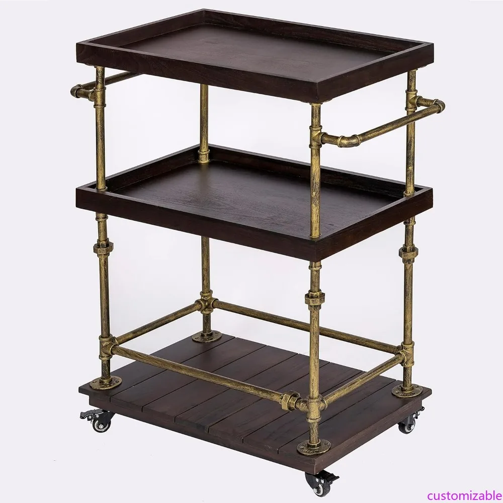 

Rustic 3-Tier Solid Wood and Metal Pipe Frame Bar Cart with Wide Wine Rack