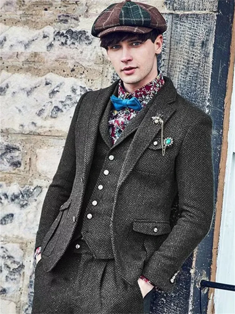 3 Pieces Mens Business Suits Dark Grey Wool Classic Herringbone Pattern Groom Tweed Tuxedos for Wedding (Blazer+Pants+Vest)