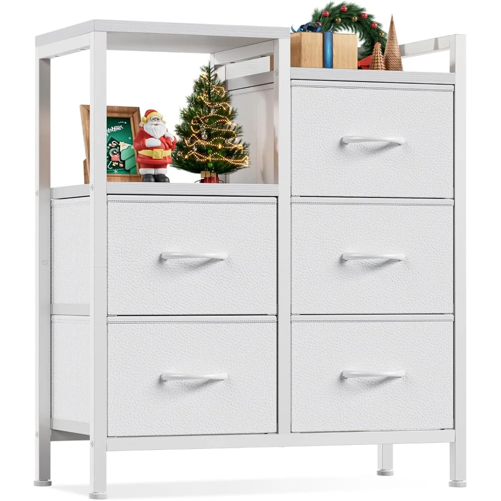 

5 Drawer White Dressers for Bedroom 2 Tier Shelf Storage Small Fabric Dresser for Closet Sturdy Metal Frame Modern Style Storag