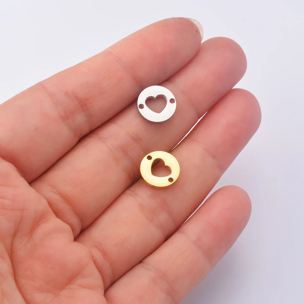 10 Stück/Set Edelstahl Runde Herz-Anhänger für Armbänder und Halsketten, DIY-Schmuck-Verbinder, Zubehör mit 2 Löchern – Detail 4