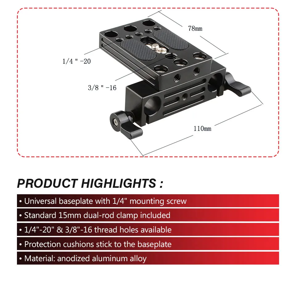 CAMVATE Extended Camera Baseplate Tripod Mount Plate With 1/4"-20 Mounting Stud & 15mm Rod Clamp Railblock For DSLR Camera Rig