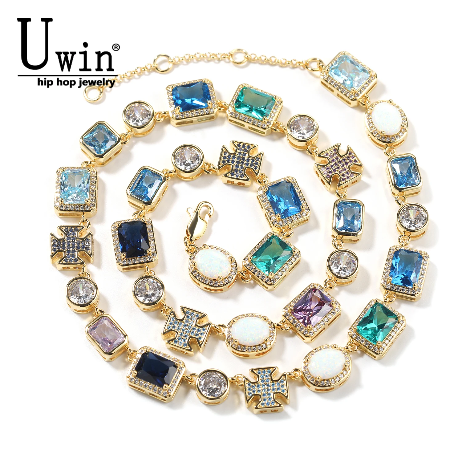 

Uwin 10 мм светло-голубой зеленый фиолетовый драгоценный камень опал ожерелье Iced Out AAAAA браслет с кубическим цирконием для мужчин женщин хип-хоп ювелирные изделия