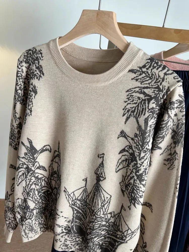 2024 Spring New Luxury Designer Printed Sweater Women Animal Floral Pattern Pullover Sweater Classic Crew Neck Knit Tops C-069