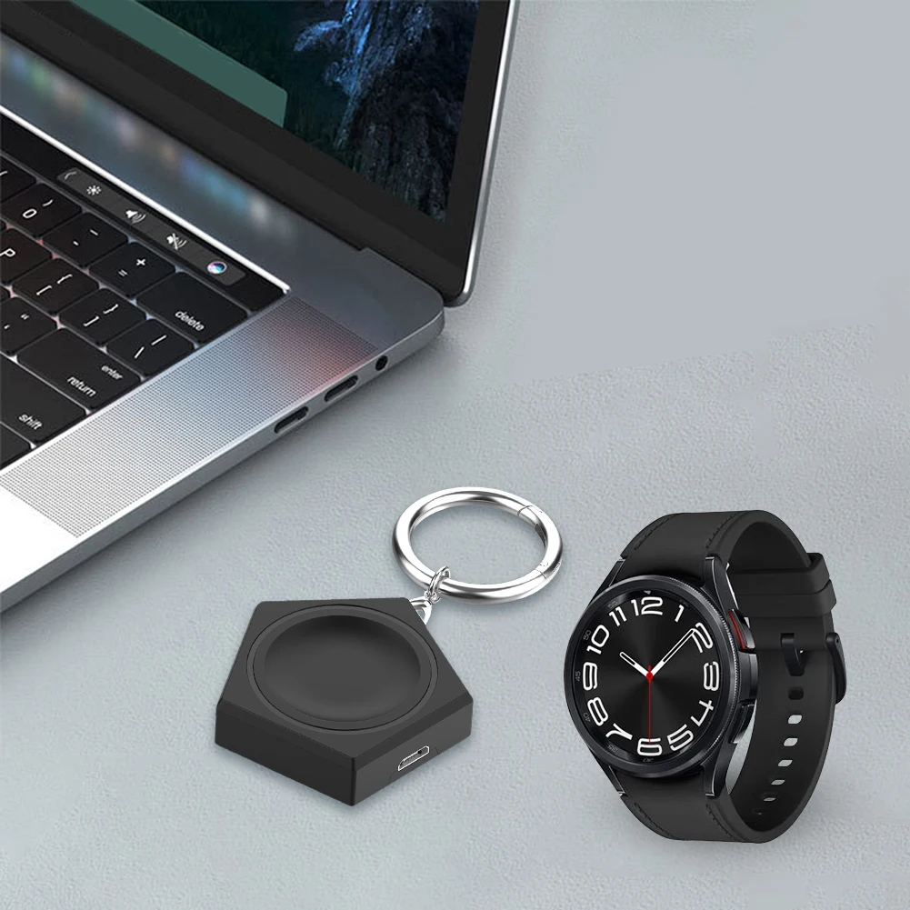 محول قاعدة شحن لاسلكي محمول مع سلسلة مفاتيح زنبركية وقاعدة شحن لاسلكية بديلة لساعة Galaxy Watch 6 Classic