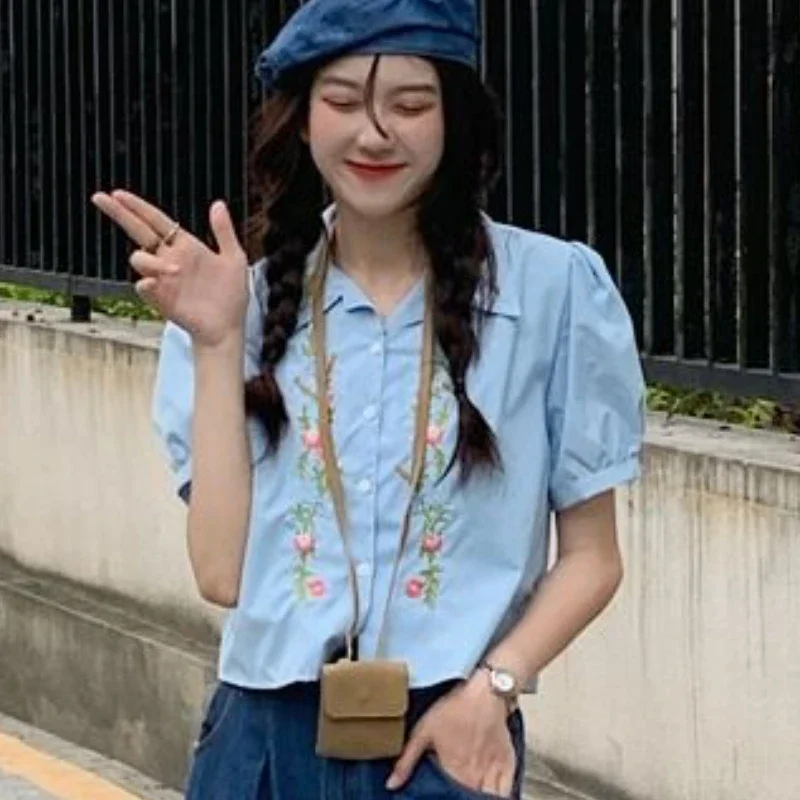 

Shirts Women Casual Vintage Embroidery Students Literary Summer Korean Style Puff Sleeve Simple Aesthetic Gentle Harajuku Temper