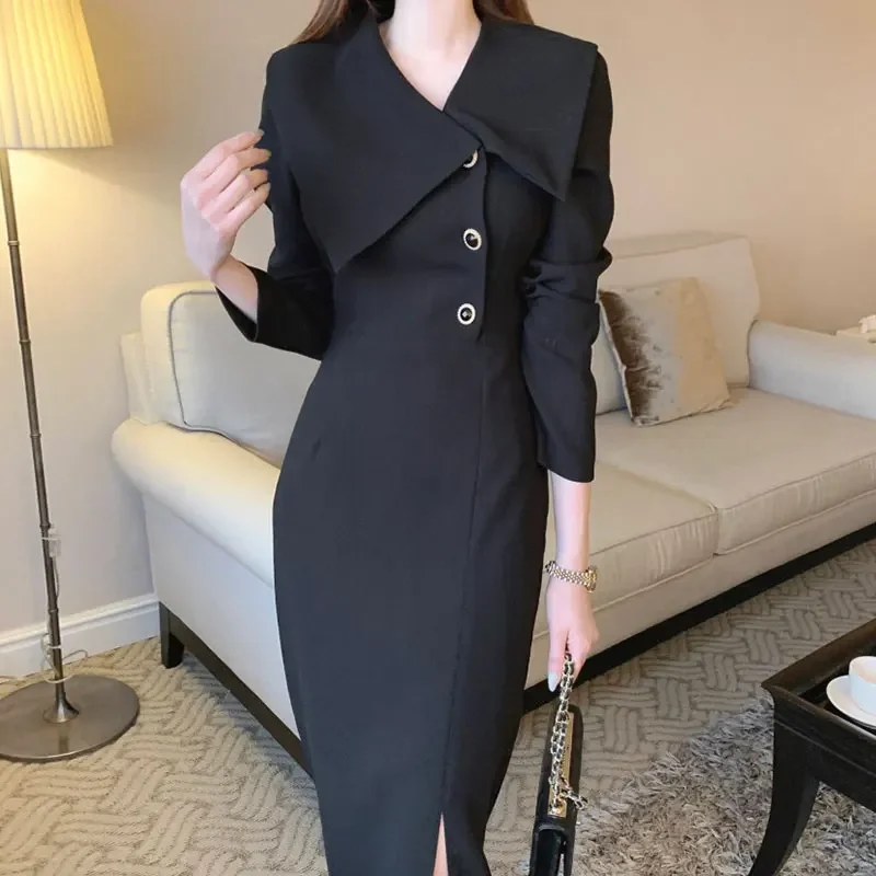 Neploe 2024 Korean Chic Spring Elegant Turn Down Collar Buckle Waist Solid Long Sleeve Wrap Hip Chiffon Dress Women Vestido