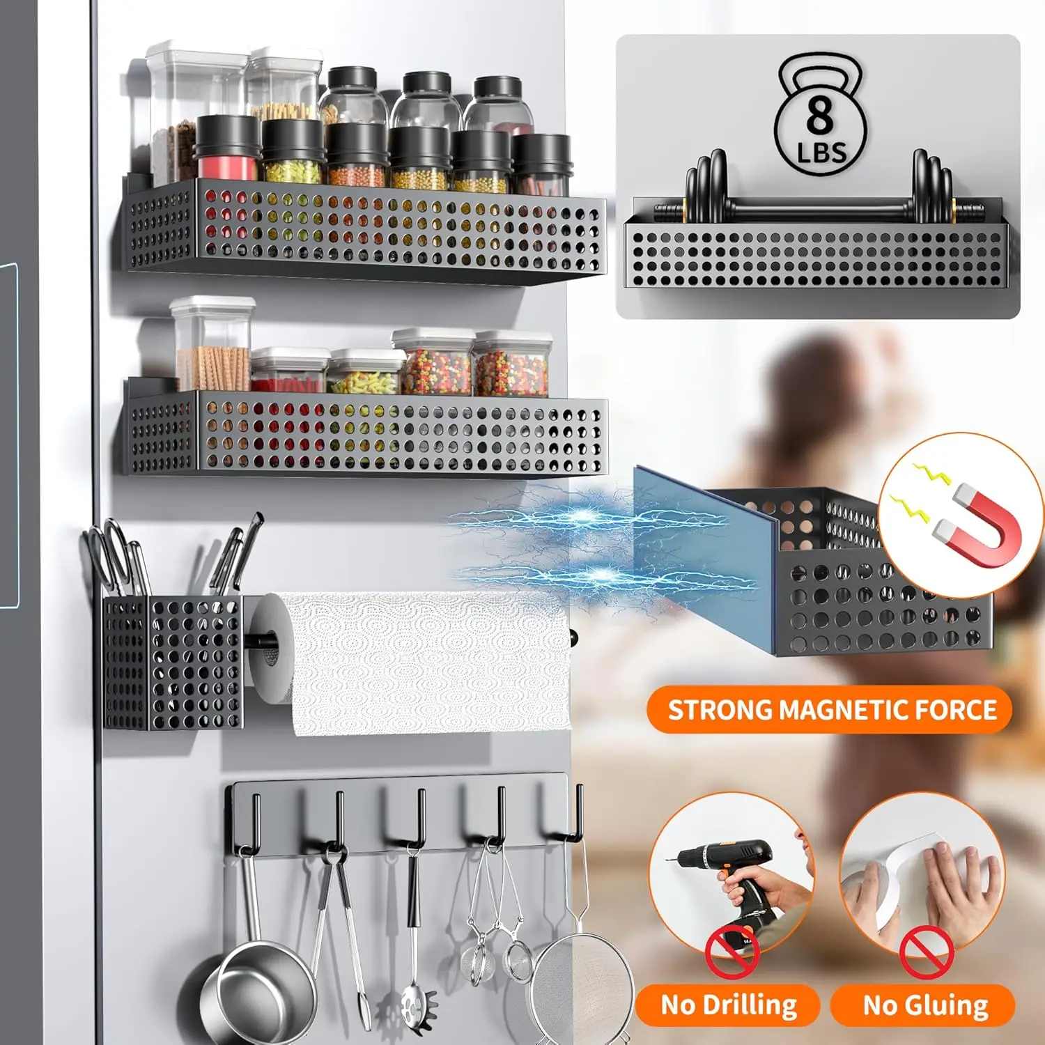 

Magnetic Spice Rack for Refrigerator 2 Tiers and Paper Towel Holder and Utensil Holder, Magnetic Refrigerator Organizer, Strong