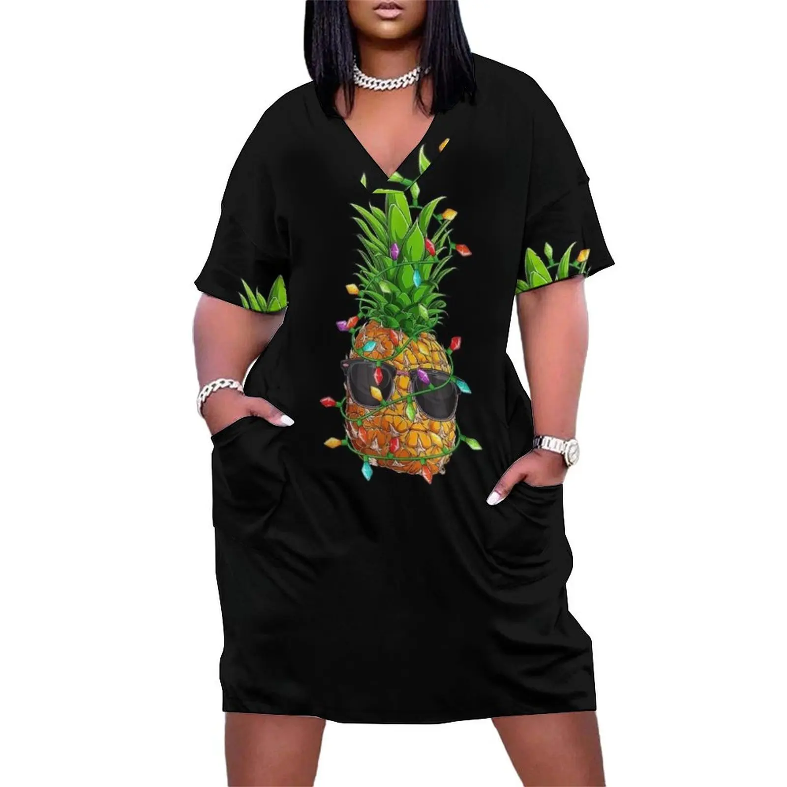 

Pineapple Sunglasses Lights July Tropical Christmas Hawaiian T-Shirt Loose Pocket Dress dress for women Dresses