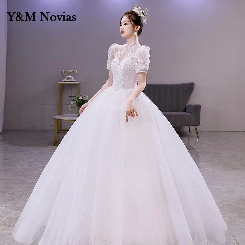 Новинка, легкое свадебное платье Y & m Novias, роскошное кружевное платье с пышными рукавами и высоким воротом, с аппликацией из бисера и блестками, для мечты невесты, искусственная иллюзия