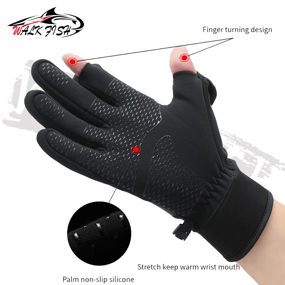 WALK FISH 1 Pair Waterproof Winter Fishing Gloves 2 Finger Flip Windproof Women Men Gloves Warm Protection Fish Angling Gloves