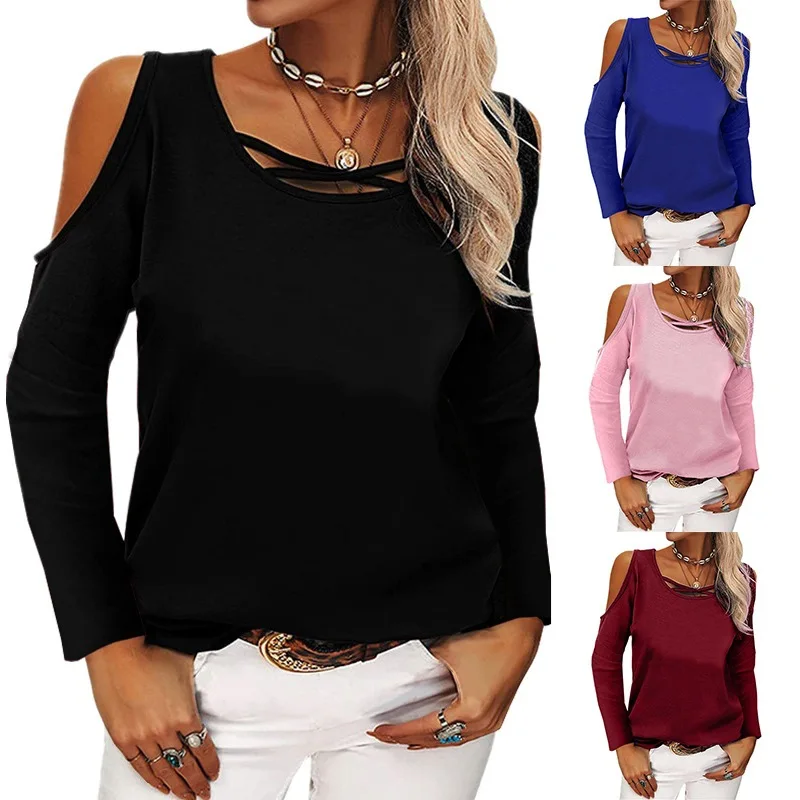 

Spring & Summer Women's Fashion Solid Color Off-the-shoulder Long-sleeved T-shirt Casual Commuter Office All-match Bottoming Top