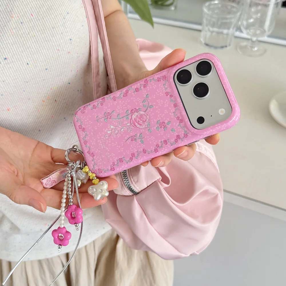 

Vintage INS Pink Rose Case with Bead Pendant for iPhone17 16 15 Pro Max Apple 16 15 Pro Retro Floral Anti-drop Girl Phone Cover