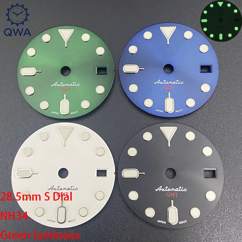 

Циферблат QWA 28.5мм для часов NH34, S GMT, с эффектом солнечных лучей, зеленый, светящийся, без стрелок, для модификации автоматических часов NH34
