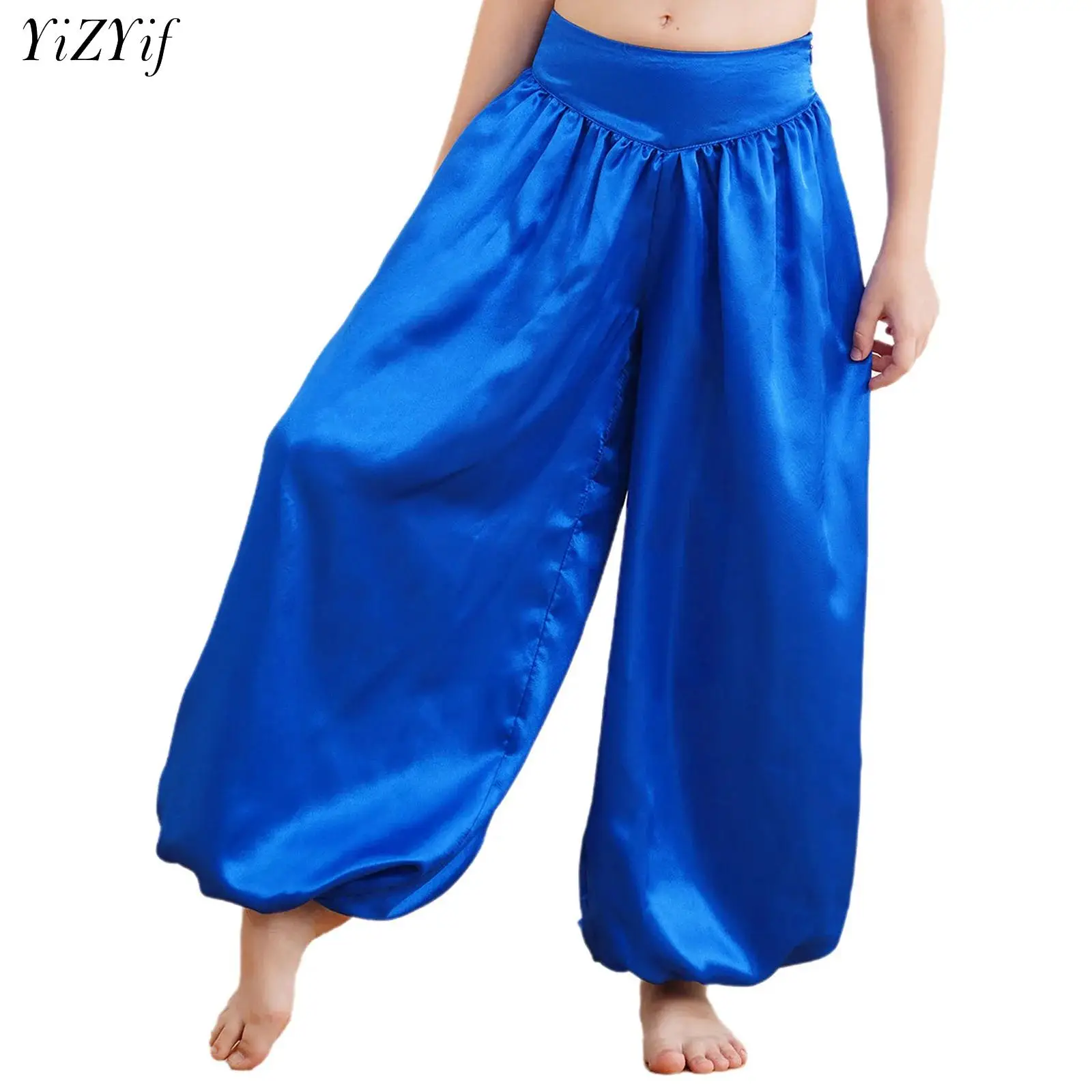 Kids Girls Belly Dance Performance Harem Pants Wide-Leg Satin Bloomers Trousers for Arabic Halloween Carnival Event Theme Party