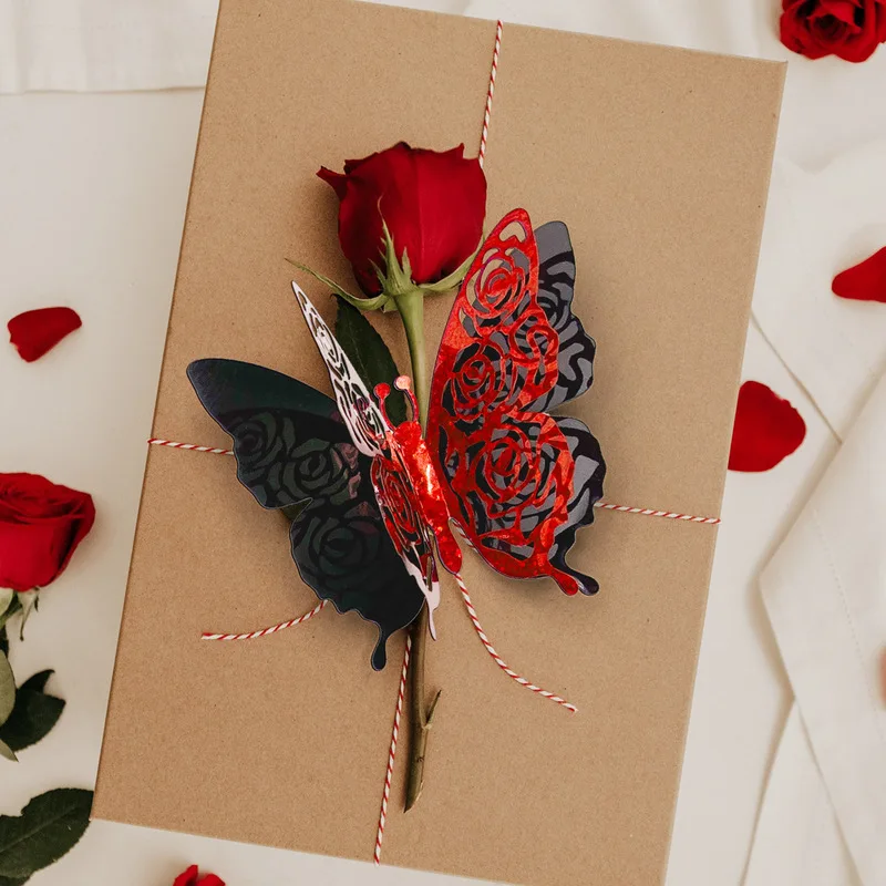 3D Hollow Rose Butterfly Wall Stickers, Red Black Double Layer Butterfly Decorations, Removable Paper Butterfly Cutouts for Wedd