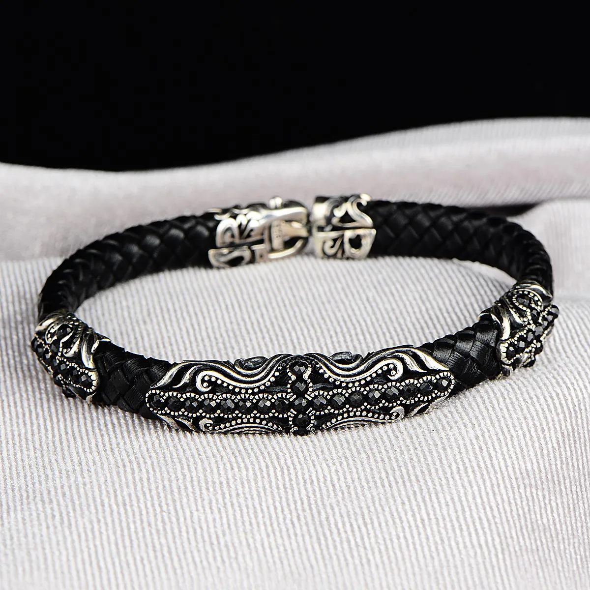 Mens Silver Bracelet , Black Leather Bracelet , Vintage Leather Bracelet , Black Stone Bracelet ,925k Sterling Silver Bracelet