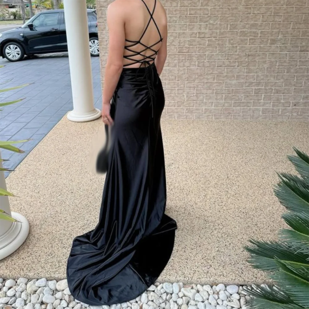 Ccstomized noir sirène robes de bal longueur au sol Spaghetti sangle sans manches robe de soirée mode paillettes dos nu à lacets